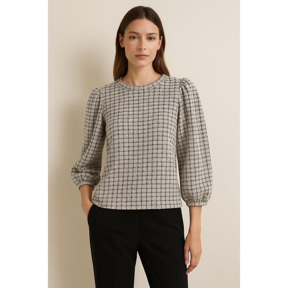 Textured Tweed Puff Sleeve Blouse Black White Crew Neck‎ Quiet Luxury Top S